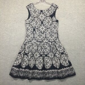 Chadwicks 12 Sleeveless A-Line Dress Navy Blue White Print 50s‎ Retro Boat Neck
